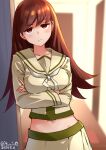  1girl against_wall arms_under_breasts blurry blurry_background blush breasts brown_hair closed_mouth crossed_arms dated highres indoors izumikuma jewelry kantai_collection long_hair long_sleeves looking_at_viewer medium_breasts midriff navel neckerchief one-hour_drawing_challenge ooi_(kancolle) ooi_kai_ni_(kancolle) pleated_skirt red_eyes ring sailor_collar school_uniform serafuku skirt solo twitter_username wedding_ring white_neckerchief yellow_sailor_collar yellow_skirt 