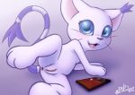  3_toes anus big_eyes black_nose blue_eyes blush digimon digimon_(species) ears_up eyelashes female fur gatomon haiiromon happy long_tail looking_at_viewer open_mouth purple_fur pussy solo spread_legs spreading thin_til toes tongue whiskers white_fur 