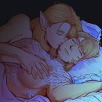  2girls blonde_hair breasts closed_eyes closed_mouth dungeon_meshi elf falin_touden falin_touden_(chimera) feathers furiousfruitcake holding_hands interlocked_fingers kiss kissing_cheek lying marcille_donato multiple_girls on_back pillow pointy_ears sleeping yuri 