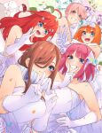  6+girls absurdres ahoge armpit_peek bare_shoulders birthday blue_eyes closed_mouth commentary dress everyone gloves go-toubun_no_hanayome hair_between_eyes hair_ornament highres long_hair looking_at_viewer mojyu_saico multiple_girls nakano_ichika nakano_itsuki nakano_maruo nakano_miku nakano_nino nakano_yotsuba open_mouth orange_hair pink_hair quintuplets red_hair ribbon short_hair siblings sisters smile star_(symbol) star_hair_ornament teeth uesugi_fuutarou uesugi_isanari uesugi_raiha upper_body v wedding_dress white_dress white_gloves white_ribbon 