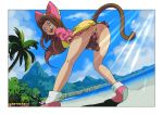  1girl absurdres artist_name asking_for_it ass beach bottomless brown_hair butt cat_ears cat_tail clothing female female_focus female_only gloves going_commando green_eyes hair highres hotred human is_(artist) legs looking_back no_panties ocean open_mouth outdoors palm_tree presenting presenting_hindquarters presenting_pussy princess_sara pussy royalty seira_(sonic) slutty solo solo_focus sonic_(series) sonic_the_hedgehog_(movie) sunlight tail teeth vagina 