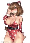  1girl alternate_breast_size animal_ears belt bikini boku_no_hero_academia breasts brown_eyes brown_hair cat_ears detached_sleeves fur-trimmed_sleeves fur_trim gun hair_over_one_eye komori_kinoko large_breasts polka_dot polka_dot_bikini saltydanshark simple_background solo swimsuit symbol-shaped_pupils weapon white_background x-shaped_pupils 
