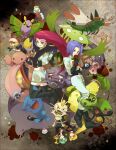  1boy 1girl amoonguss arbok black_gloves blue_eyes blue_hair boots brown_background butch_(pokemon) cacnea carnivine cassidy_(pokemon) chimecho domino_(pokemon) dustox flower gloves green_eyes james_(pokemon) jessie_(pokemon) meowth mime_jr. pink_hair poke_ball pokemon pokemon_(anime) pokemon_(creature) red_flower red_rose rose sasairebun seviper shuckle team_rocket team_rocket_uniform victreebel weezing wobbuffet woobat yamask yanmega 