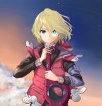  1boy blonde_hair blue_eyes dolling60883582 dollinger highres jacket looking_at_viewer male_focus monado short_hair shulk simple_background sky solo sword weapon xenoblade_(series) xenoblade_1 