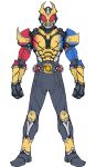  1boy absurdres agito_(trinity_form) altering_(agito) armor asymmetrical_armor belt blue_armor bodysuit compound_eyes full_body gold_horns helmet highres horns kamen_rider kamen_rider_agito kamen_rider_agito_(series) looking_at_viewer mask red_armor red_eyes rider_belt tokusatsu zd19990214 