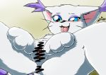  3_toes anus big_eyes black_nose blue_eyes blush censored cute_fangs digimon digimon_(species) eyeshadow female fluffy_ears fur gatomon haiiromon makeup open_mouth purple_fur pussy saliva simple_background snout solo spread_legs spread_pussy spreading toes tongue tongue_out whiskers white_fur 