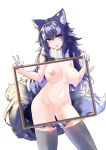  1girl absurdres animal_ear_fluff animal_ears bangs bare_arms black_legwear blue_eyes blue_hair boy_(pixiv17542438) breasts breasts_apart cleft_of_venus cowboy_shot eyebrows_visible_through_hair fang fur_collar gloves grey_wolf_(kemono_friends) groin hair_between_eyes head_tilt heterochromia highres holding jacket kemono_friends large_breasts long_hair looking_at_viewer multicolored_hair navel nipples open_mouth plaid plaid_neckwear plaid_skirt pussy simple_background skirt smile solo standing stomach tail thighhighs two-tone_hair v white_background white_gloves white_hair wolf_ears wolf_girl wolf_tail x-ray_vision yellow_eyes 