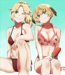  2girls bikini bikini_print black_hair blonde_hair breasts cleavage collarbone commentary fate/grand_order fate_(series) feng_cheng_(kanon91426) food food_print fruit gareth_(fate) gareth_(swimsuit_saber)_(fate) gareth_(swimsuit_saber)_(second_ascension)_(fate) green_eyes highres holding holding_food holding_popsicle large_breasts medium_breasts mordred_(fate) mordred_(swimsuit_rider)_(fate) mordred_(swimsuit_rider)_(first_ascension)_(fate) multicolored_hair multiple_girls navel official_alternate_costume one_eye_closed pink_bikini ponytail popsicle red_bikini siblings simple_background sisters sitting smile stomach strawberry_print streaked_hair swimsuit symbol-only_commentary two-tone_hair watermelon watermelon_bar 