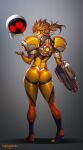  1girl absurdres arm_cannon ass assault_visor blonde_hair bodysuit danderfull fusion highres long_hair looking_at_viewer metroid mole mole_under_mouth orange_bodysuit orange_goggles overwatch ponytail samus_aran skin_tight solo spiked_hair tracer_(overwatch) weapon 