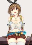  1girl :d atelier_(series) atelier_ryza bare_shoulders belt beret blush breasts brown_eyes brown_gloves brown_hair cleavage collarbone commentary_request cowboy_shot flask gloves hat highres irohasu jewelry large_breasts looking_at_viewer midriff navel necklace open_mouth red_shorts reisalin_stout shirt short_hair short_shorts shorts single_glove sitting smile solo staff star thighhighs thighs vest white_headwear white_legwear white_shirt yellow_vest 