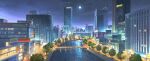  bridge building city_lights cityscape cloud full_moon highres moon night no_humans original outdoors river road scenery sign skyscraper street tree xingzhi_lv 