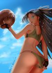  1girl alternate_costume ass ball black_hair blue_eyes blue_sky blush bokukawauso breasts cloud from_below gloves hair_ribbon kantai_collection katsuragi_(kantai_collection) long_hair mokerou open_mouth partly_fingerless_gloves ponytail ribbon sky small_breasts swimsuit very_long_hair 