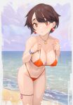  1girl beach bikini breasts brown_eyes brown_hair covered_nipples day earrings highleg highleg_swimsuit highres jewelry large_breasts looking_at_viewer navel necklace orange_bikini outdoors parted_lips pokemon pokemon_oras short_hair solo swimsuit thigh_strap untied_bikini yugen99 zinnia_(pokemon) 