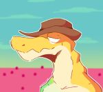 anthro chesterafton clothing cowboy_hat crocodilian glitch_productions gummigoo_(tadc) hat headgear headwear hi_res male reptile scalie sky solo the_amazing_digital_circus yellow_body