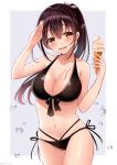  1girl arm_up bangs bikini black_bikini blush bow breasts brown_eyes brown_hair cleavage commentary_request cowboy_shot eyebrows_visible_through_hair food food_on_breasts front-tie_bikini front-tie_top grey_background groin hair_between_eyes hair_bow head_tilt high_ponytail holding holding_food ice_cream ice_cream_cone large_breasts long_hair navel original parted_lips ponytail purple_bow sakura_hiyori salute smile soft_serve solo swimsuit thigh_gap two-tone_background water_drop white_background 