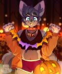 2023 anthro breasts canid canine clothed clothing collar eyelashes female ferwanwan hair halloween hi_res holidays jack-o&#039;-lantern jewelry mammal midriff navel necklace open_mouth open_smile outside short_hair smile solo spiked_collar spikes tail teal_eyes tomboy