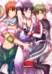 3boys absurdres akiyama_hayato alternate_costume arm_up armpits ass_grab bangs blush boater_hat boy_sandwich bunmare can_badge collarbone crop_top grabbing_another&#039;s_ass groping highres idolmaster idolmaster_side-m idolmaster_side-m_live_on_stage! iseya_shiki japanese_clothes looking_at_viewer male_focus multiple_boys navel overalls sandwiched seigaiha smile striped take_your_pick wakazato_haruna world_tre@sure_(idolmaster) yaoi 
