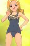  1girl 2017 :d absurdres ahoge armpits bangs bare_arms bare_legs bare_shoulders blonde_hair blunt_bangs brown_eyes collarbone covered_navel female groin hand_on_hip highres legs long_hair looking_at_viewer name_tag ojamajo_doremi one-piece_swimsuit open_mouth school_swimsuit smile solo swimsuit tamaki_reika tomboy whistle 