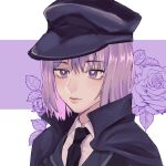  1girl akaakaakaakashio black_cape black_hat black_jacket black_necktie cape chinese_commentary closed_mouth commentary_request cookie_(touhou) expressionless flower geru_futota hat highres jacket leaf necktie peaked_cap portrait purple_eyes purple_hair remilia_scarlet rose short_hair solo touhou 