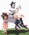  2girls absurdres animal_ears arm_behind_back black_hair black_socks black_thighhighs blue_shorts bojue_(hakus_1128) breasts brown_hair buruma closed_eyes closed_mouth commentary_request crossed_legs earrings exercising grass highres holding holding_megaphone horse_ears horse_girl horse_tail jewelry large_breasts lying megaphone mejiro_ramonu_(umamusume) multicolored_hair multiple_girls on_back on_grass purple_eyes push-ups see-through_silhouette shadow shirt shoes short_hair shorts simple_background single_earring sitting sitting_on_person sneakers socks streaked_hair strong sweat symboli_rudolf_(umamusume) tail thighhighs tracen_training_uniform umamusume white_background white_shirt 
