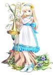  1girl a-senmei armlet blonde_hair blue_dress blue_eyes blue_footwear blue_hairband bridal_gauntlets dress flower full_body hair_flower hair_ornament hairband hearts_recollection high_heels highres instrument looking_at_viewer mushroom plaid plaid_dress plant ribbon_trim simple_background solo standing sunflower tree_stump trombone vines white_background white_dress 
