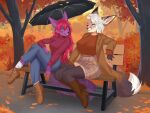  2024 anthro autumn bench canid canine duo female female/female fox mammal outside skylar_cryline smiling_at_each_other sorafoxyteils umbrella 