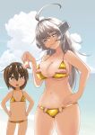  2girls ahoge alternate_costume bikini breast_envy breasts brown_eyes brown_hair flat_chest florida_bikini gold_bikini grey_eyes grey_hair headgear highres holding kantai_collection large_breasts long_hair looking_at_viewer meme_attire multiple_girls navel nipples pasties_removed short_hair standing swimsuit tsun&#039;ichi_(tsun1) very_long_hair wakaba_(kancolle) washington_(kancolle) 