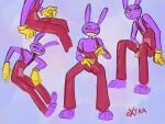 4_fingers anthro big_mouth_(anatomy) blush bodily_fluids bulge clothed clothing detailed_bulge eyebrows feet fingers frown genital_outline glitch_productions gloves grin handwear humanoid jax_(tadc) lagomorph leporid long_ears male mammal overalls oxtra penis_outline pose purple_body purple_skin rabbit red_clothing red_overalls shoeless simple_background skinny slim slim_anthro slim_male smile solo sweat sweatdrop teeth the_amazing_digital_circus topless yellow_clothing yellow_eyes yellow_gloves yellow_handwear yellow_teeth