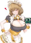 1girl ahoge alternate_costume anis_(nikke) apron bow bowtie breasts brown_eyes brown_hair can cleavage closed_mouth drink_can enmaided frilled_apron frills goddess_of_victory:_nikke hanchou_(shirokun555) hand_on_own_hip heart highres holding holding_tray large_breasts looking_at_viewer maid maid_apron maid_headdress puffy_short_sleeves puffy_sleeves short_hair short_sleeves simple_background smile soda_can solo tray waist_apron white_apron white_background wrist_cuffs yellow_bow yellow_bowtie 