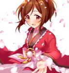  1girl blurry blurry_foreground blush bow breasts brown_eyes brown_hair domyoji_karin dress_bow falling_petals idolmaster idolmaster_cinderella_girls idolmaster_cinderella_girls_starlight_stage japanese_clothes kimono konase_(non_stop!) long_sleeves looking_at_viewer medium_breasts messy_hair open_mouth petals pink_bow reaching reaching_towards_viewer red_kimono short_hair simple_background smile solo white_background wide_sleeves 