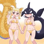  2girls bikini black_hair blonde_hair blowhole blush breasts brown_eyes cetacean_tail covered_eyes dorsal_fin fins fish_girl fish_tail gold_bikini hair_between_eyes hair_over_eyes head_fins highres holding_hands kemono_friends kemono_friends_3 kinshachi_(kemono_friends) looking_at_viewer medium_breasts metamimi multicolored_hair multiple_girls navel open_mouth orca_(kemono_friends) orca_girl short_hair sidelocks smile swimsuit tail two-tone_hair v white_hair 