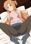  1girl aji_n ankle_boots asuna_(sao) boots braid breasts brown_eyes brown_hair clenched_teeth clothes_lift commentary_request french_braid glaring grey_footwear grey_shirt high_heel_boots high_heels highres long_hair looking_at_viewer lying medium_breasts on_back on_bed panties panties_under_pantyhose pantyhose pencil_skirt pink_sweater ribbed_sweater shirt short_ponytail skirt skirt_lift solo spread_legs sweater sword_art_online tears teeth turtleneck turtleneck_sweater underwear very_long_hair 