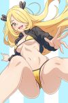  1girl asairosora bikini bikini_under_clothes black_jacket blonde_hair breasts cameltoe collared_jacket crotch cynthia_(pokemon) floating_hair foreshortening groin hair_ornament hair_over_one_eye highres jacket light_blush long_hair long_sleeves looking_at_viewer m_legs medium_breasts navel open_clothes open_jacket open_mouth outstretched_hand pokemon pokemon_dppt ribs smile solo spread_fingers stomach straight-on swimsuit twisted_torso unaligned_breasts very_long_hair yellow_bikini yellow_eyes 