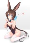  1girl absurdres amiya_(arknights) animal_ears arknights black_leotard blue_eyes blue_neckwear bow bowtie breasts brown_hair bunny_ears bunny_girl bunnysuit cleavage detached_collar highres leotard long_hair low_ponytail luobo1220 ponytail sitting small_breasts solo strapless strapless_leotard thighhighs wariza white_background white_legwear wrist_cuffs 