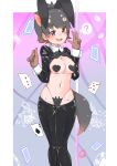  1girl absurdres animal_ears areola_slip australian_devil_(kemono_friends) black_hair black_pasties blackbuck_(kemono_friends) blush bow breasts brown_hair chai_chai_huishi covered_nipples extra_ears fake_animal_ears fang frontless_outfit gloves heart_maebari heart_pasties highres kemono_friends kemono_friends_3 large_breasts latex latex_legwear looking_at_viewer maebari meme_attire multicolored_hair navel open_mouth pasties rabbit_ears revealing_clothes reverse_bunnysuit reverse_outfit short_hair smile stomach tail tasmanian_devil_(kemono_friends) tasmanian_devil_ears tasmanian_devil_tail thighhighs 