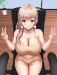  1girl :d bare_shoulders blonde_hair breasts chair cleavage collarbone dolphin_shorts double_v earrings furen_e_lustario hands_up highres huge_breasts jewelry long_hair looking_at_viewer midriff navel nijisanji office_chair open_mouth orange_shorts orange_sports_bra pom_pom_(clothes) pom_pom_earrings red_eyes riki_(power_step) short_shorts shorts sitting smile solo sports_bra stomach swivel_chair thighs v virtual_youtuber wooden_floor 