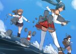  4girls black_sailor_collar black_skirt blue_hair blue_skirt blue_sky cloud day depth_charge gun hatsuyuki_(kancolle) inazuma_(kancolle) isuzu_(kancolle) kantai_collection long_hair machinery multiple_girls natori_(kancolle) neckerchief osananajimi_neko outdoors red_neckerchief red_skirt sailor_collar school_uniform serafuku shirt skirt sky sleeveless sleeveless_shirt thighhighs twintails water weapon white_shirt white_thighhighs 