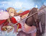  1girl absurdres azur_lane bangs black_legwear blonde_hair braid breasts cape french_braid fur_trim hair_between_eyes hair_ribbon highres king_george_v_(azur_lane) large_breasts long_hair looking_at_viewer mins_(minevi) official_art red_eyes ribbon saber_(weapon) sidelocks solo sword thighhighs weapon 