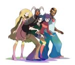  2boys 2girls blonde_hair caitlin_(pokemon) cosplay daphne_ann_blake daphne_ann_blake_(cosplay) dark-skinned_male dark_skin fred_jones fred_jones_(cosplay) full_body glasses grimsley_(pokemon) high_heels highres horns houndoom long_hair marshal_(pokemon) multiple_boys multiple_girls pokemon pokemon_(creature) pokemon_bw purple_hair red_sweater round_eyewear scooby-doo shaggy_rogers shaggy_rogers_(cosplay) shauntal_(pokemon) startboii sweater teeth turtleneck turtleneck_sweater velma_dace_dinkley velma_dace_dinkley_(cosplay) very_long_hair 