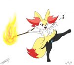  braixen canid canine chest_tuft clothing dancing digitigrade female fennec fire fluffy fox jeffthehusky long_ears mammal musical_note nintendo panties pok&eacute;mon pok&eacute;mon_(species) red_eyes stick thick_thighs tuft underwear video_games young 