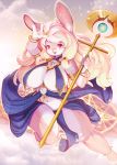 1girl absurdres animal_ears arms_up blonde_hair breasts bunny_ears cleavage covered_nipples flower furry hair_flower hair_ornament highres large_breasts long_hair magic_circle o-ring open_mouth original pelvic_curtain pink_eyes revealing_clothes smile solo staff standing standing_on_one_leg weapon whooo-ya 