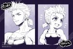  2boys bare_shoulders blue_border border chibi collarbone earrings facial_hair final_fantasy final_fantasy_vi hair_tie hands_on_own_hips highres jewelry looking_at_viewer low_ponytail male_focus monochrome multiple_boys muscular muscular_male open_mouth sabin_rene_figaro sanroku_3 shirt sideburns single_earring sleeveless sleeveless_shirt smile twitter_username 