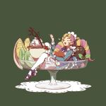  1girl :d aqa2comi bow bowtie cafe_cuties_gwen closed_eyes cone_hair_bun dress drill_hair food frills fruit green_background gwen_(league_of_legends) hair_bun highres holding holding_spoon ice_cream league_of_legends long_sleeves maid maid_headdress multicolored_hair open_mouth oversized_object parted_bangs shoes smile solo spoon teeth twin_drills two-tone_hair 