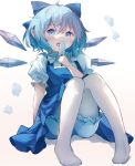  1girl ar_(maeus) arm_support bloomers blue_bow blue_dress blue_eyes blue_hair bow cirno collared_shirt commentary_request dress food hair_bow holding holding_food holding_popsicle ice ice_wings neck_ribbon no_shoes pantyhose pinafore_dress popsicle puffy_short_sleeves puffy_sleeves red_ribbon ribbon shirt short_sleeves simple_background sitting sleeveless sleeveless_dress solo touhou white_background white_bloomers white_pantyhose wings 