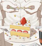  1other absurdres ambiguous_gender avogado6 blister_pack cake cake_slice commentary_request dessert drugs food food_focus fork fruit highres holding icing original pill plate shirt strawberry strawberry_slice sweets tea teabag 