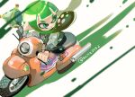  1girl bike_shorts black_shorts blue_eyes closed_mouth driving green_hair highres inkling inkling_girl inkling_player_character jacket koike3582 letterman_jacket long_hair long_sleeves motor_vehicle on_scooter pointy_ears scooter shoes shorts simple_background smile solo splat_bomb_(splatoon) splatoon_(series) tentacle_hair twitter_username white_background zipper zipper_pull_tab 