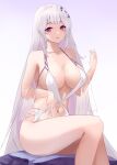  1girl absurdres azur_lane bare_shoulders breasts cleavage flower hair_flower hair_ornament highres large_breasts long_hair looking_at_viewer navel obniermarbiss official_alternate_costume one-piece_swimsuit parted_lips purple_eyes sitting smile solo stomach swimsuit very_long_hair white_flower white_hair white_one-piece_swimsuit yorck_(azur_lane) yorck_(late-night_companion)_(azur_lane) 