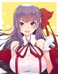  1girl bangs bare_shoulders bb_(fate)_(all) bb_(fate/extra_ccc) black_coat blush breasts fate/extra fate/extra_ccc fate_(series) gloves hair_ribbon large_breasts leotard long_hair looking_at_viewer neck_ribbon off_shoulder open_mouth purple_eyes purple_hair red_ribbon ribbon solo teddy_(khanshin) very_long_hair white_gloves white_leotard yellow_background 