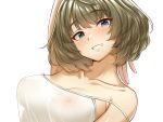  1girl bare_shoulders blue_eyes blush breasts cleavage collarbone covered_nipples green_eyes green_hair heterochromia idolmaster idolmaster_cinderella_girls looking_at_viewer medium_breasts mole mole_under_eye see-through see-through_shirt short_hair smile solo takagaki_kaede tomajiyama 