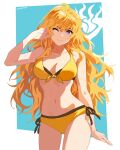  1girl ;) absurdres ahoge bikini blonde_hair breasts closed_mouth collarbone cowboy_shot front-tie_top highres large_breasts long_hair looking_at_viewer navel one_eye_closed purple_eyes rwby smile solo standing stomach swimsuit very_long_hair wavy_hair yang_xiao_long yellow_bikini zackmyst 
